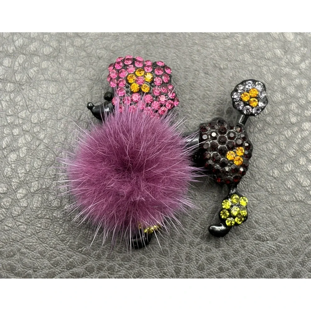 Rhinestone Poodle Dog Pom Pom Brooch Pin Pink Yellow Black Japanned Metal
